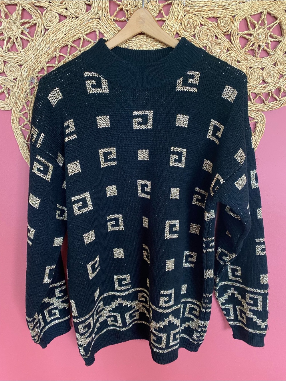 Vintage High Gate Ltd Metallic Gold Black Greek Key Crewneck Sweater L